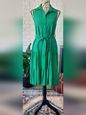 SHEIN Emerald Green Tiered Midi Dress-Skirt with Waist Tie
